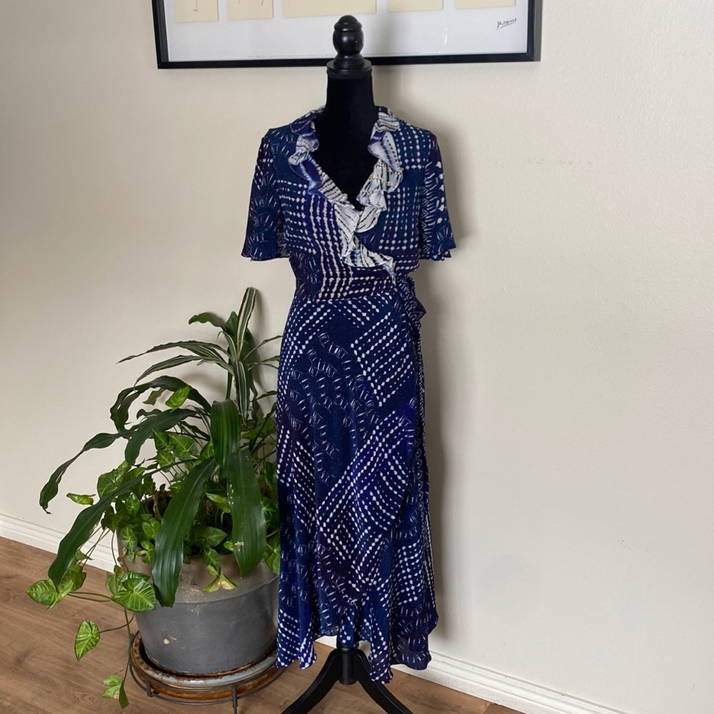 Benares Estelle navy print wrap dress